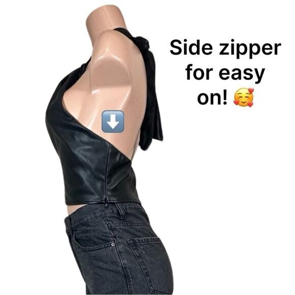 #T188 STAUD Kai Cropped Vegan Leather Halterneck Top Black SIZE 6 NWT $198 - Picture 9 of 16